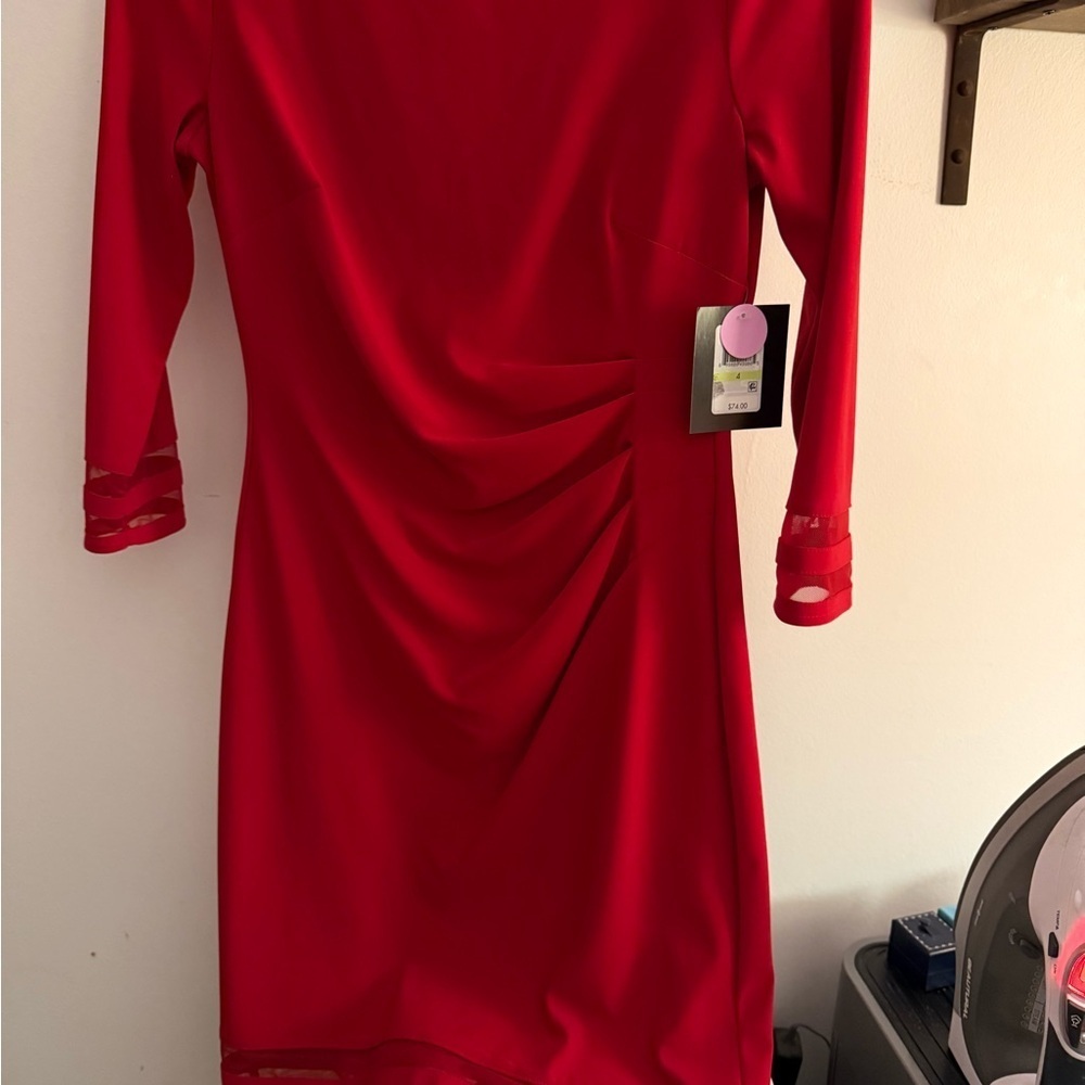 DKNY Red Ruched Long Sleeve Bodycon Dress